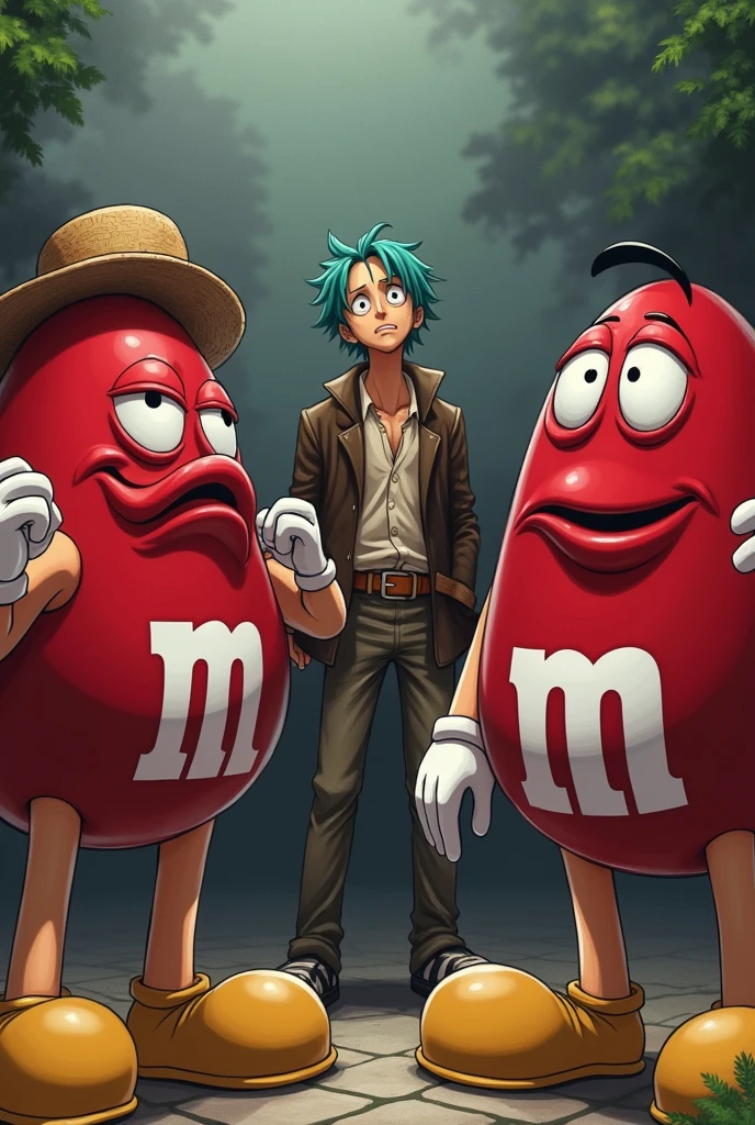 One Piece, KOZUKI ODEN, Scared, Three Red M&M Men with big floppy potato shoes, flapping arms, chanting "HO HA HO HA"