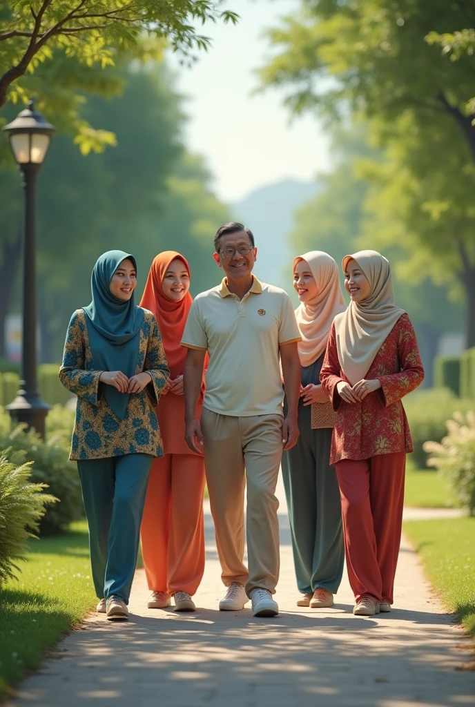 create me a picture of a 50-year-old Malacca man wearing track pants accompanied by four beautiful Malay women wearing Hijabista veils aged between 30 and 40 years old, recreation park background