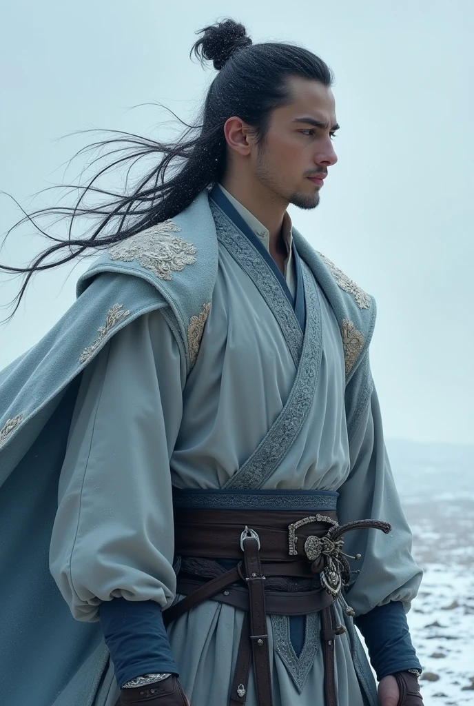 Create a LORD with hair tied up in a shirt standing in the cold