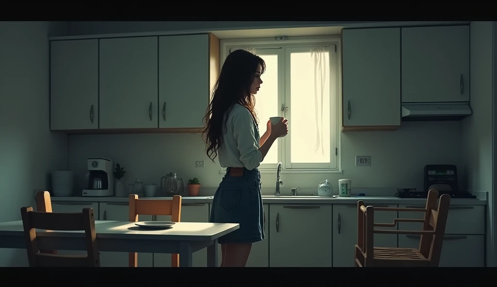 A poignant cinematic illustration of a long-haired brunette woman, dressed in a denim skirt, preparing coffee in a dark, sparsely furnished kitchen. The kitchen includes a white formica table, four formica chairs and a wooden baby high chair. The atmosphere is charged with emotion, with a feeling of despair and isolation. Light streams in through the window, casting a soft glow on the woman's face as she looks into the distance., still, cinematic
