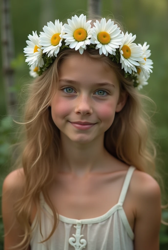 Super detail beautiful elf-girl 20 years old. wearing a flower crown of mainly small Daisies, Torso visible, light transparent cotton top, UHD, 4k, 8k, cinematic