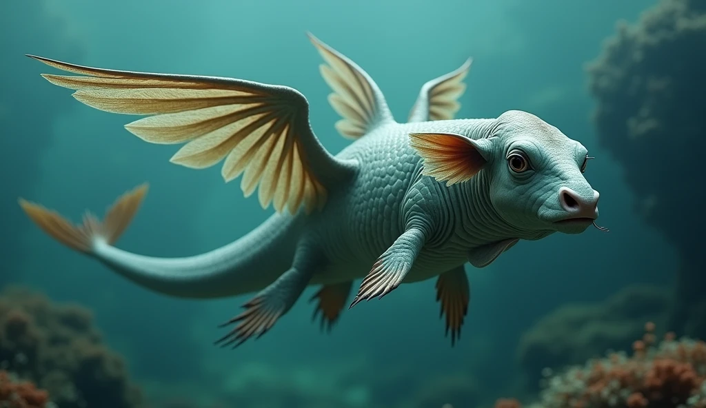 There is a creature growing underwater,It has the body of a fish, the head of a cow and the tail of a snake.,Wings growing from the ribs(best quality,4K,8k,High level,masterpiece:1.2),Ultra Detailed,(lifelike,Photo real,Photo real:1.37)