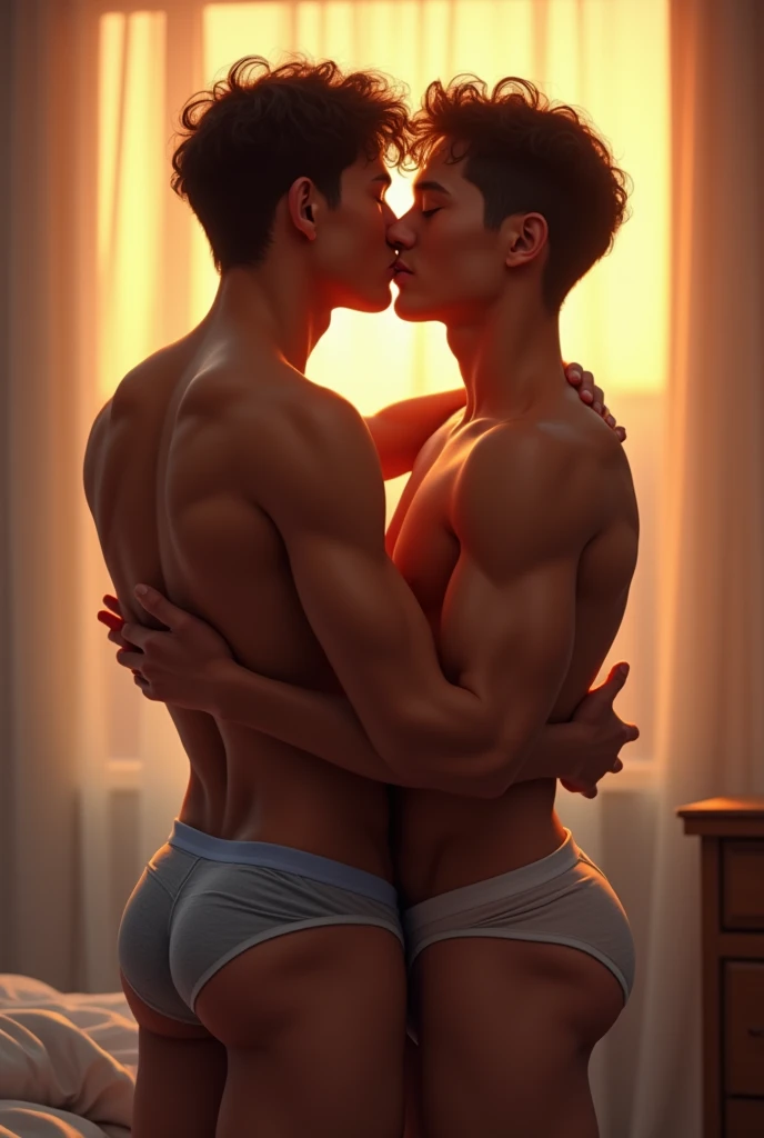 Two guys kissing, shirtless, sunset, bedroom, blushing, twinks, white and blue underwear, brown curly hair, bulge, butt, Latino