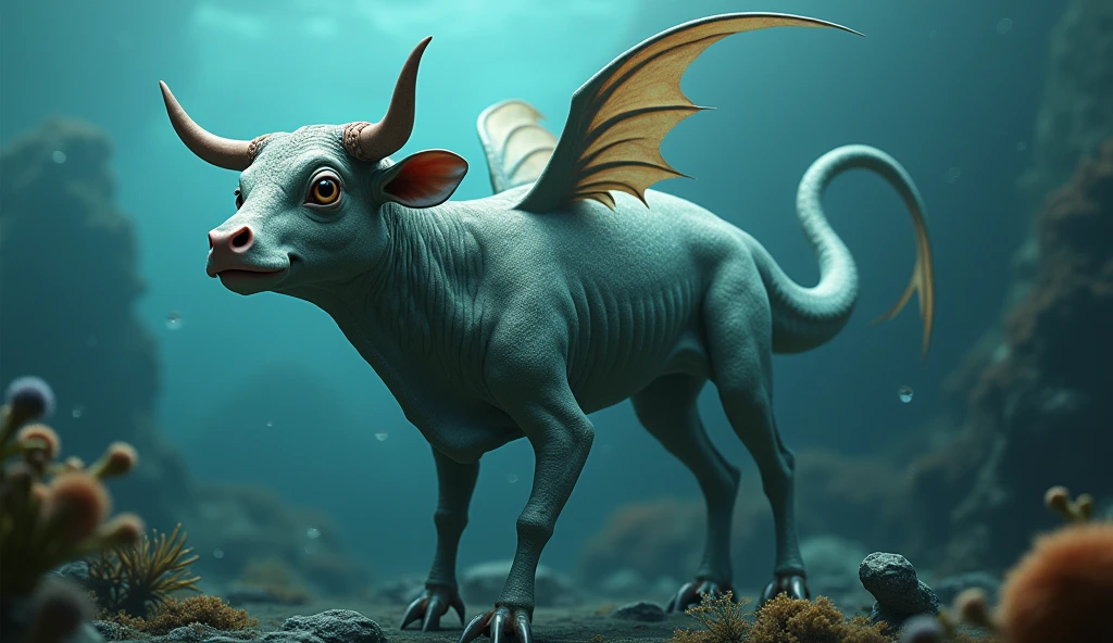 There is a creature growing underwater,It has the body of a fish, the head of a cow and the tail of a snake.,Wings growing from the ribs(best quality,4K,8k,High level,masterpiece:1.2),Ultra Detailed,(lifelike,Photo real,Photo real:1.37)