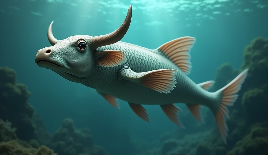 There is a creature growing underwater，It has the body of a fish, the head of a cow and the tail of a snake.，Wings growing from the ribs（best quality，4K，8k，High level，masterpiece：1.2），Ultra Detailed，（lifelike，Photo real，Photo real：1.37）