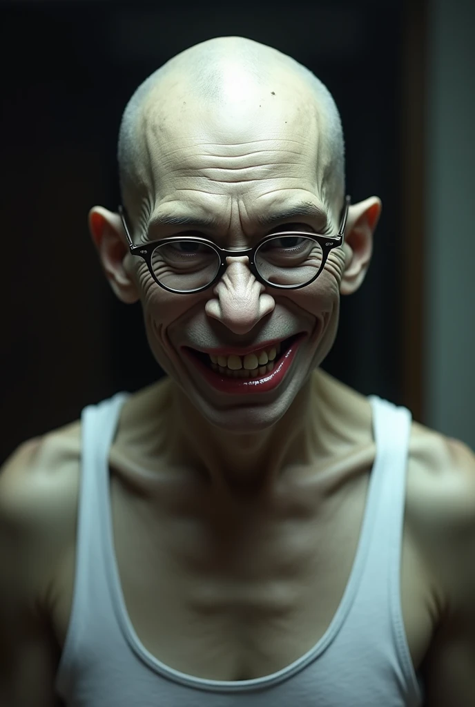 Asia, Thai Psychotic Uncle, White tank top, Scary smile, Wear glasses, glabrous