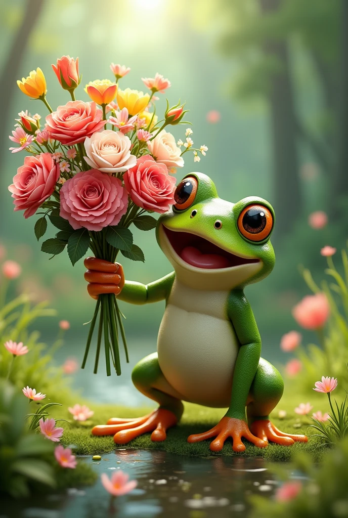 The frog is holding a large bouquet in his right hand