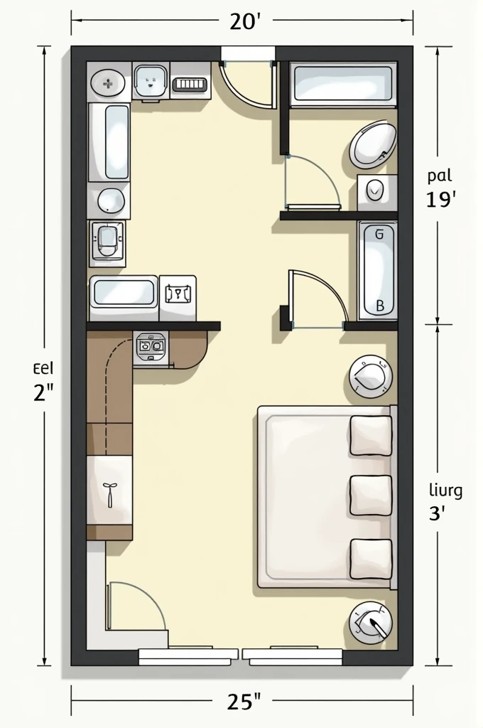 Create the architectural plan of a 10 by 20 house with two rooms, a bathroom, a living room, and a kitchen