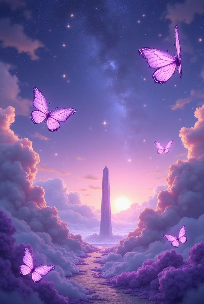 starry sky clouds in shades of purple, lilac butterflies, stele