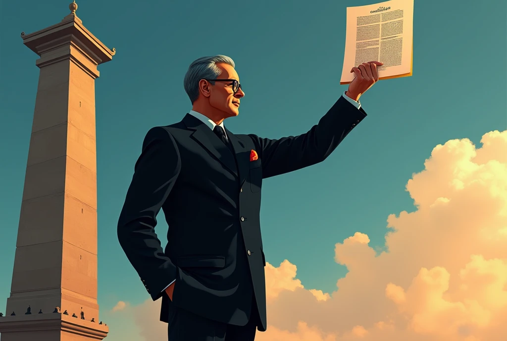 "A striking illustration of Bhimrao Ramji Ambedkar standing in front of the Indian Constitution, holding it in one hand with pride. The background showcases the Ashoka Pillar, symbolizing justice and equality. The color scheme is a blend of deep blues and golds, representing wisdom and strength. A subtle overlay of text in the top corner reads 'Father of the Indian Constitution' in elegant, modern typography."wearing black suit.