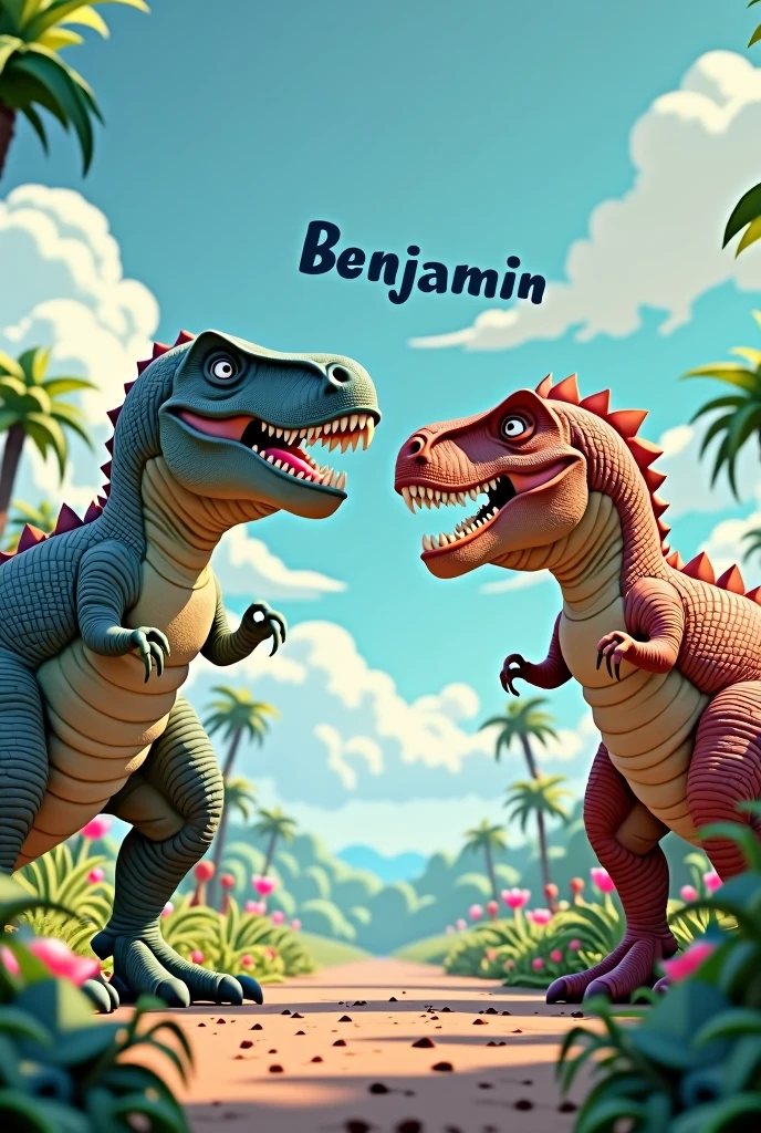 Create an image using the Tyrannosaurus Rex and the Indominus Rex for children and put the name "Benjamin".