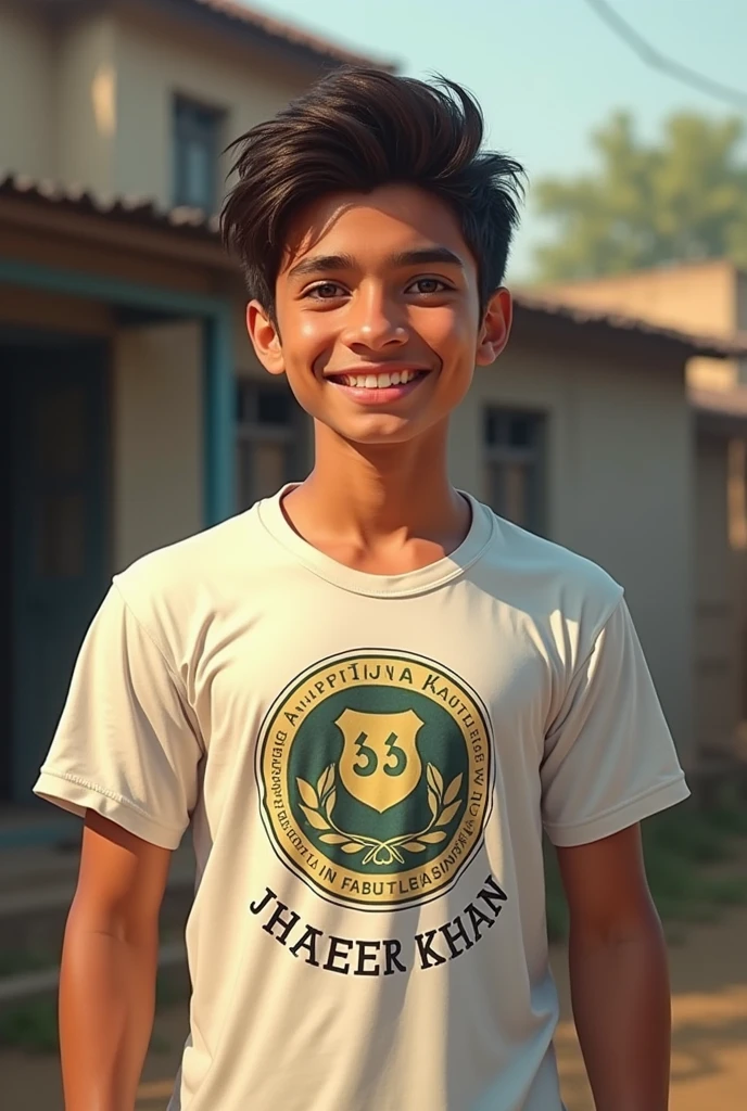 A young guy the name of zaheer khan write on his tshirt and Jhiwana write of his background 
