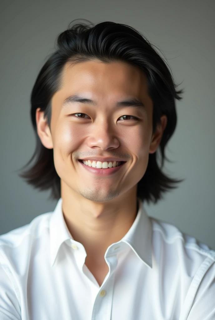 Take a professional portrait of a young man in his late twenties. He should have long, neatly styled hair and a clean shaven two-block style. He is wearing a white dress shirt. The background is blurred, with subtle shades of gray or white to keep the focus on the subject. His expression is confident yet approachable, with a slight smile. The lighting is soft and even, highlighting his facial features without harsh shadows.