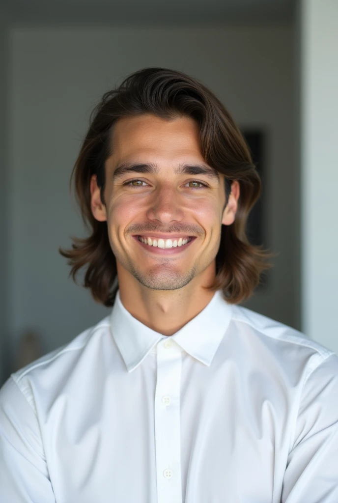 Take a professional portrait of a young man in his late twenties. He should have long, neatly styled hair and a clean shaven two-block style. He is wearing a white dress shirt. The background is blurred, with subtle shades of gray or white to keep the focus on the subject. His expression is confident yet approachable, with a slight smile. The lighting is soft and even, highlighting his facial features without harsh shadows.