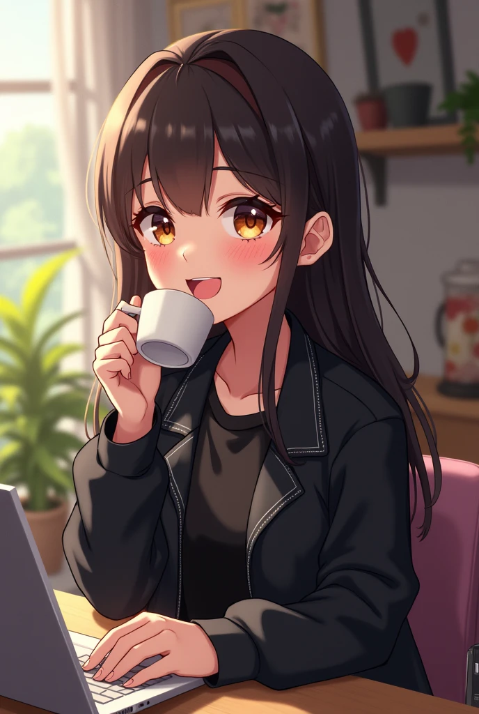 A cute gamer girl wearing black outfit drinking coffee, taking a anime photo