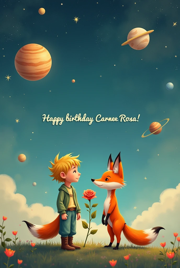 Background image of the  prince with a rose and the fox, with planets. that is written: Happy birthday Carmen Rosa!