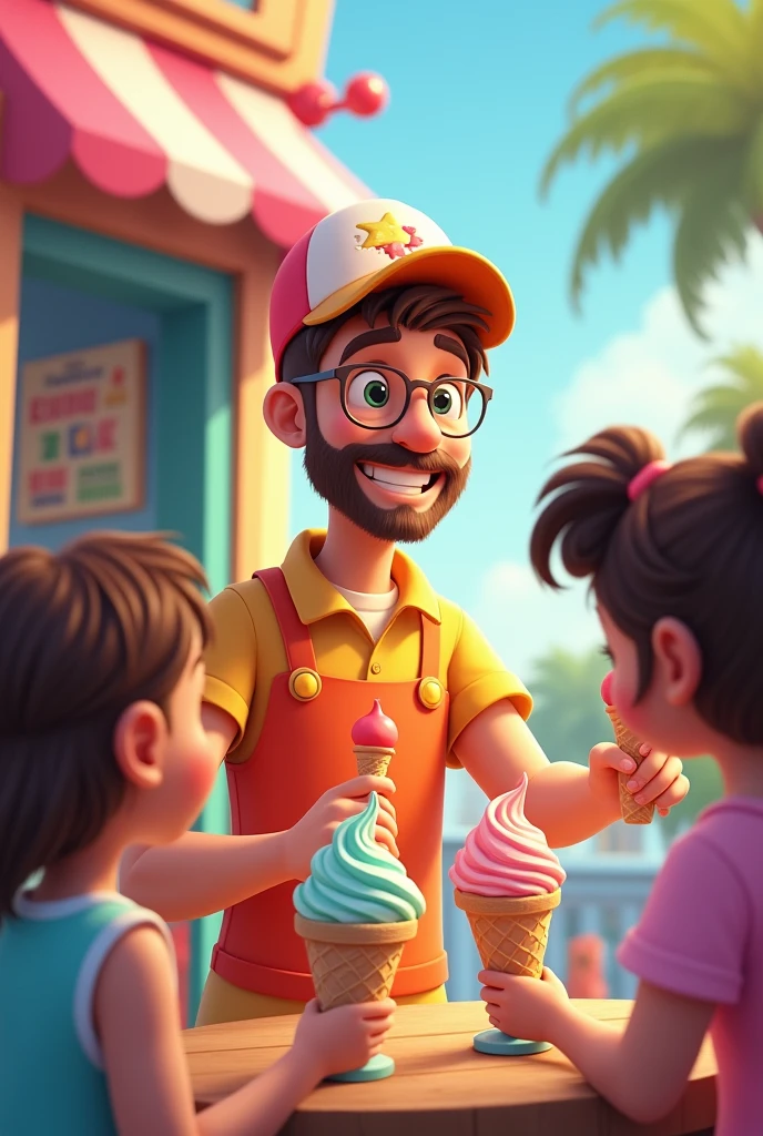 A icream man selling icream in free to children Shop name is free icream for children 