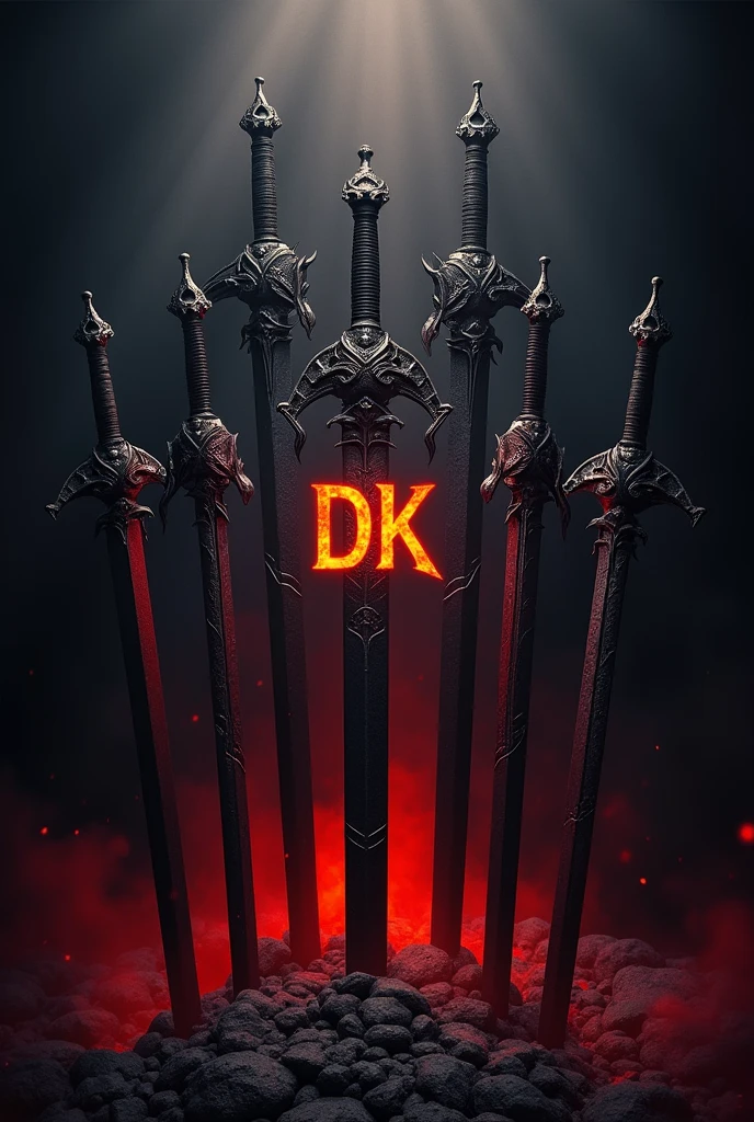 I wanted you to create an image with medieval swords, written in the middle the acronym "dk" and the colors used would be black and red