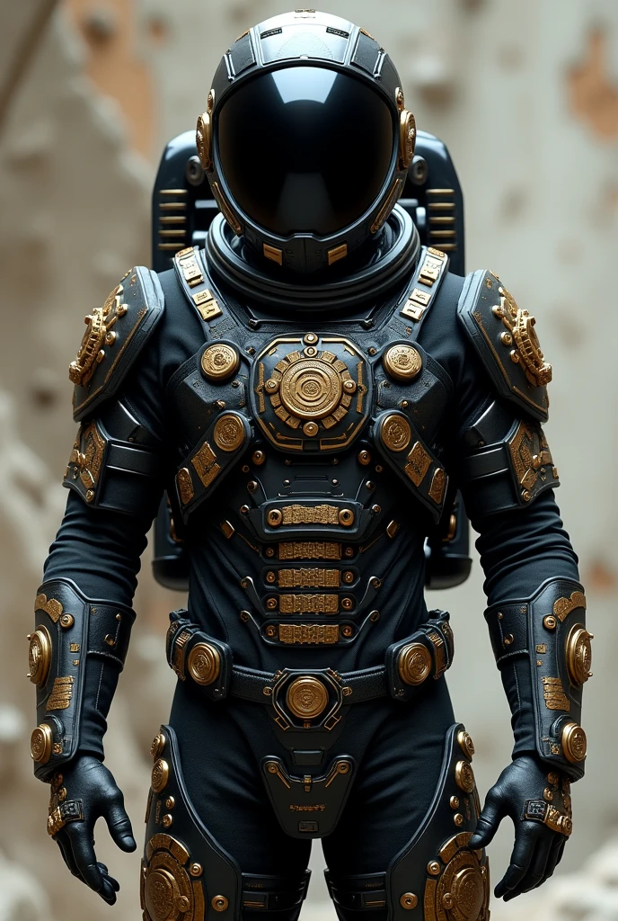 front view de astronauta futurista azteca, with a black astronaut suit with Aztec features, front view, HD, great detail, reality, Photographic