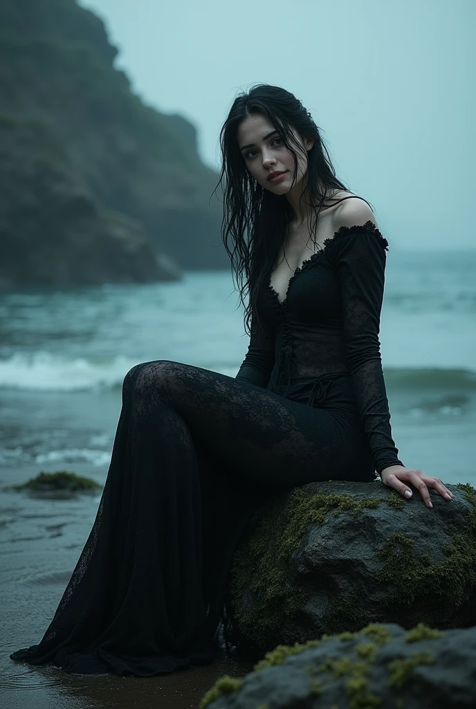 Beautiful gothic girl, beautiful face, Beautiful smile, wet medieval lace costume, tight to the body, wet hair, barefoot, sitting on a rock, Seaweed. Magical and mysterious environment, night fog, shores of a beach. mists, dense fogs Silent Hill style 1:1 cinematic. masterpiece, Hyperrealistic Anatomically correct, Awarded many times, The best quality,
