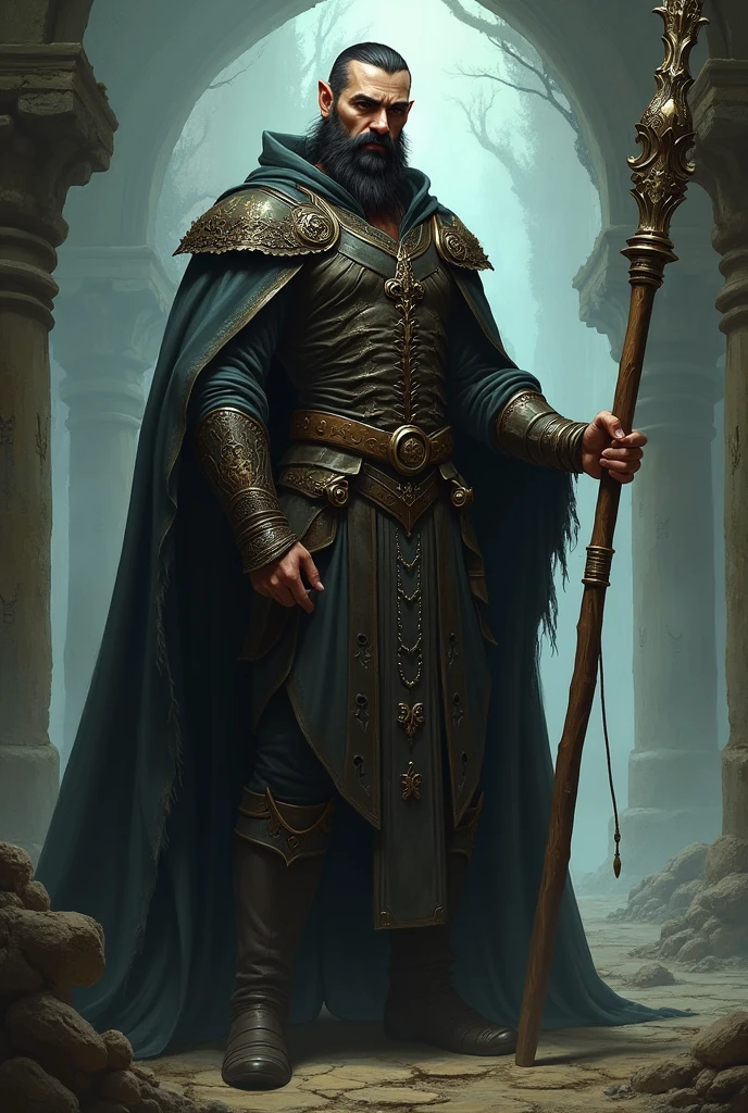 monge, half elf, with wooden staff, with a full dark goatee