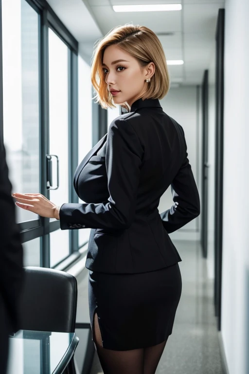 Woman walking down an office corridor, White wall, Grey table, plant, Sexy pose, Blur the background, concentrated,
(((masterpiece))), ((Highest quality)), ((Intricately detailed)), ((Surreal)), Absurd resolution, Mature Woman, Mature Woman, perspective, Very detailed, figure, One girl, ((Large Breasts)), Perfect hands, Detailed fingers, Beautiful attention to detail, short hair, Blonde, blue eyes, Name tag, chief executive officer(CEO), (business attire:1.2), Open blazer, shirt, Tight Skirt, Black choker, Earrings, Detailed Background, Bedroom, Perfect Eyes, Seductive eyes, Looking at the audience, From the back