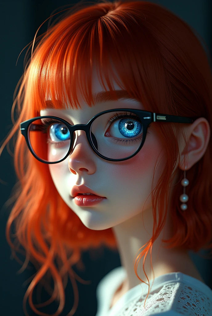 1 girl, wear glasses, star eye, blush, perfect lighting, Red hair, blue colored eyes, large hip, engine unreal, side lighting, face detailed, bangss, shining skin, simple background, darkness background