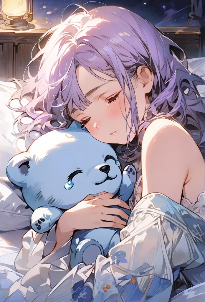 a girl with light purple bangs, sleeping hugging a white teddy bear in the same bed, Tears in her eyes as I sleep, painted like Alphonse Mucha,masterpiece, detailed depiction, official art, humorous touches, night lit,