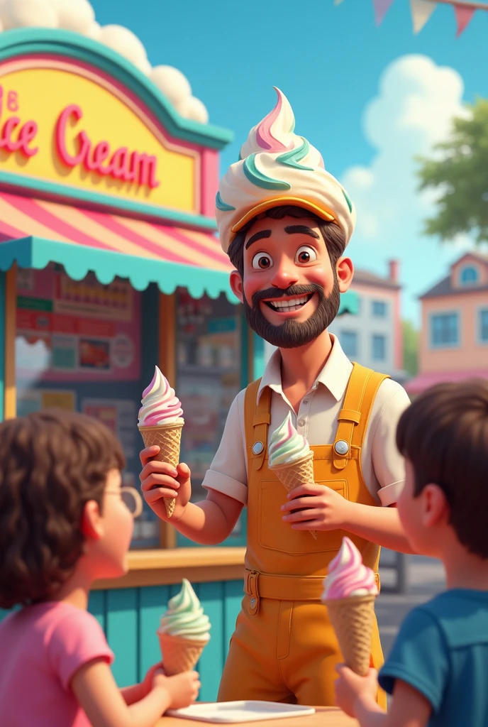 A icream man selling icream in free shop name is free icream for children 