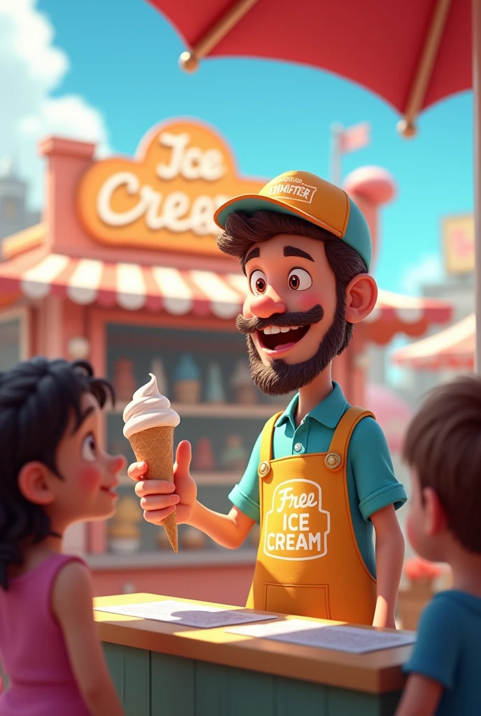 A icream man selling icream in free shop name is free icream for children