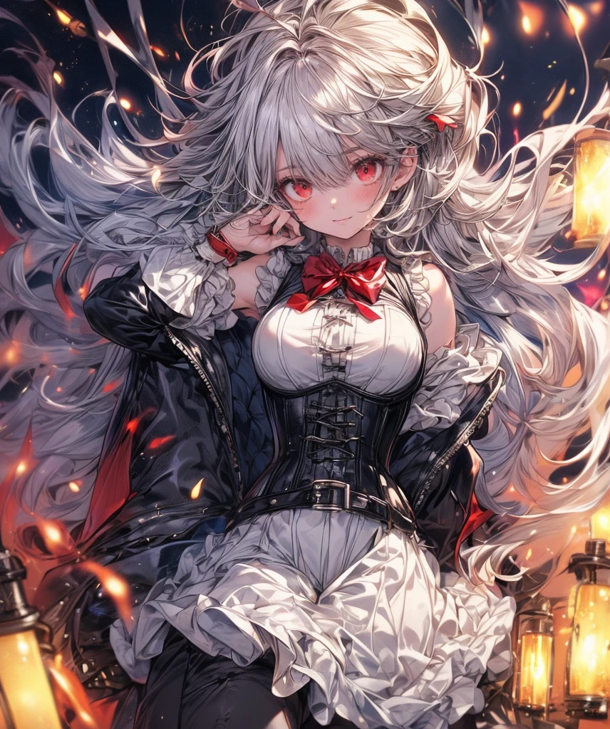 naked、nsfw、(((masterpiece)))、((Highest quality))、(Very detailed)、(CG illustration)、(so beautiful ))、Cinematic Light、(((1. Mechanical Girl)))、 sf、Apocalypse、Erotic and grotesque、(Beautiful and luxurious:1.2)、(1 girl:1.3)、look forward to, (Double-breasted,Underbust:1.2), Button gap,(((Corset belt))),(((High West Mile、Silver Hair、Detailed eyes、Red eyes、