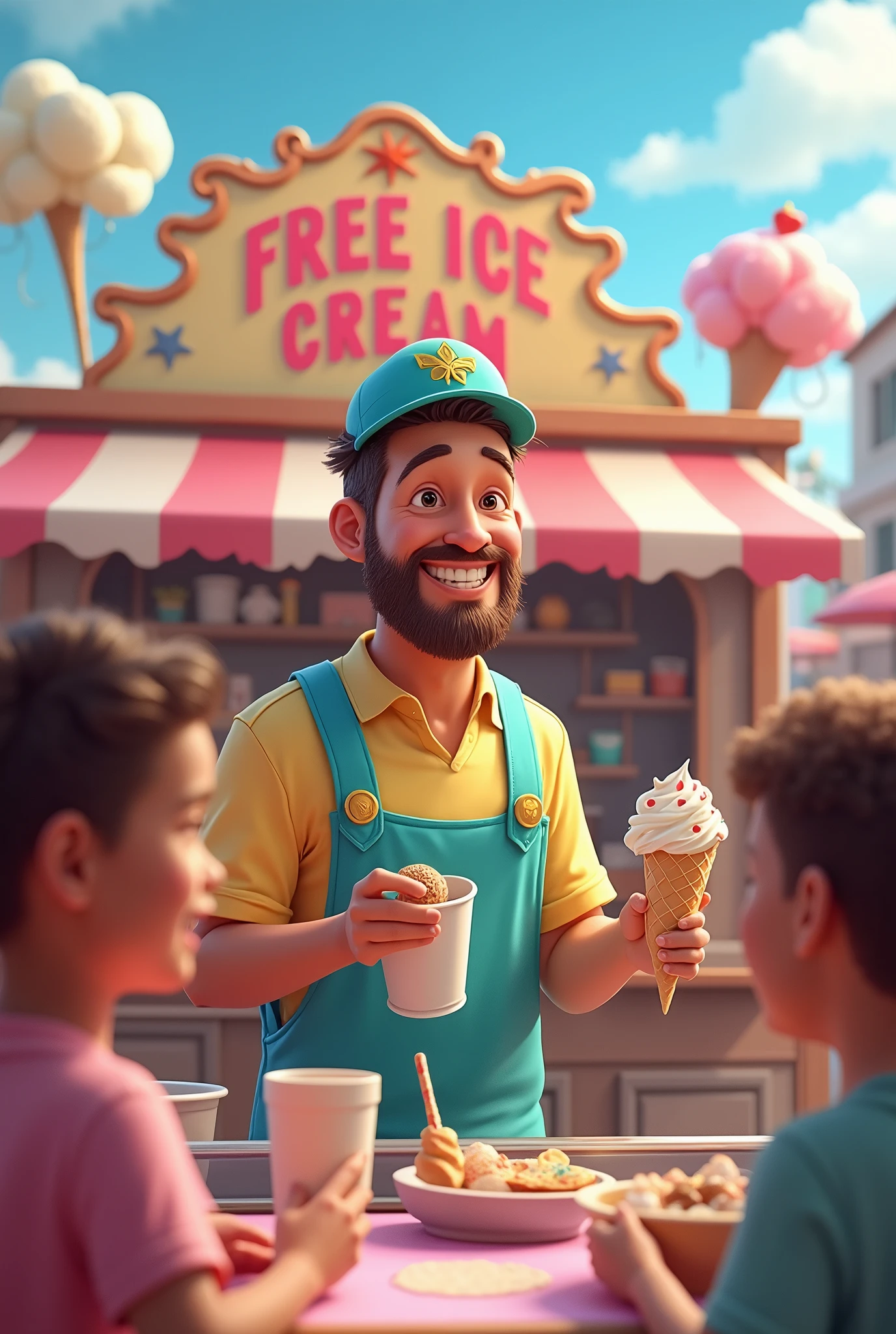 A icream man selling icream in free shop name is free icream for children 