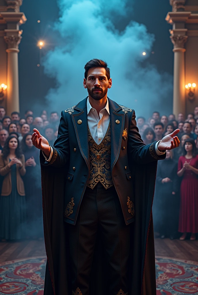 messi as a magician in front of many people face must be in front of camera
