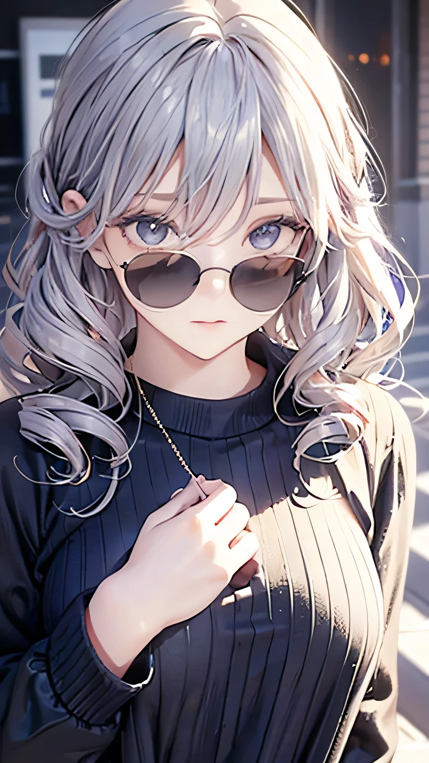 Spiral Curls，Hair is soaked，sunglasses，Bend over，Staring closely at the camera lens，Chest close-up，One size larger crew neck sweater