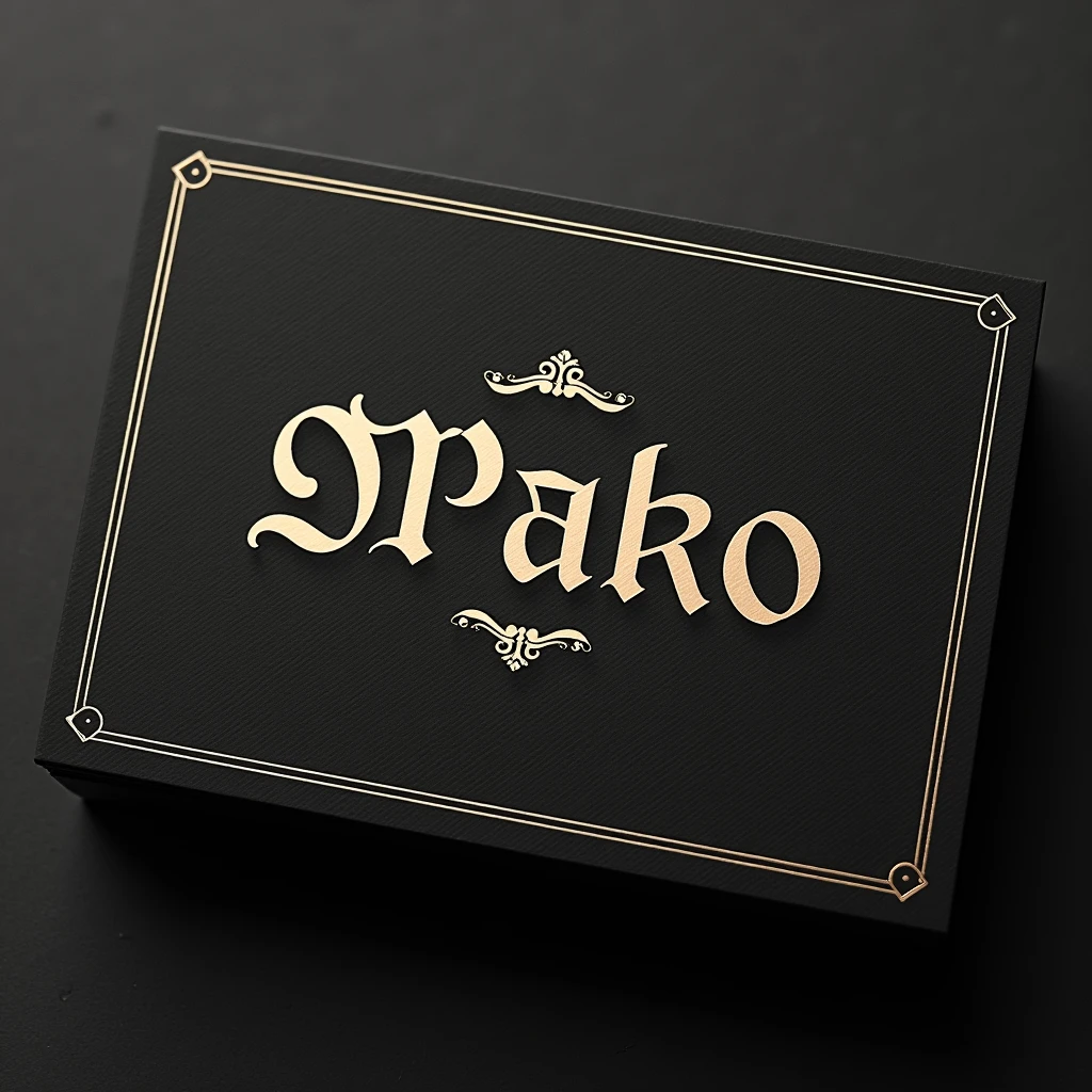 I want a front-view presentation card. Black background with old letters, elegant, minimalist and white. With a simple line around the edges and a minimalist and phi-harmonious design.