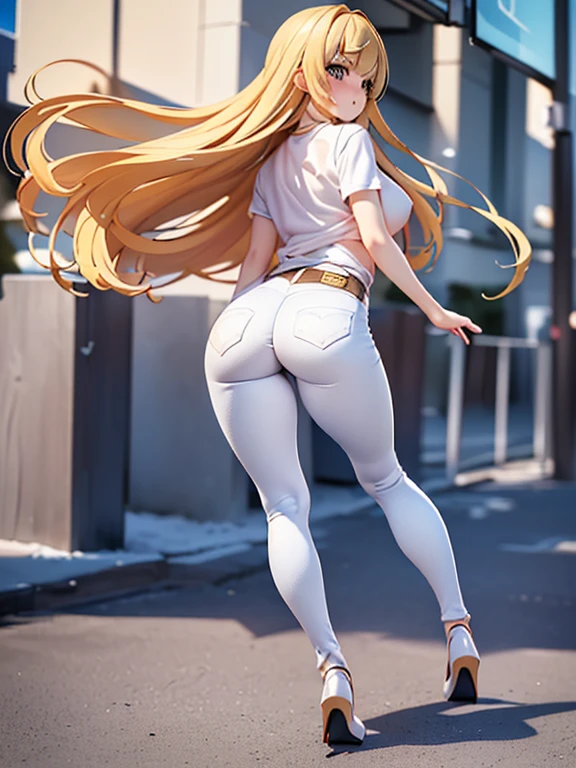 (masterpiece、highest quality、High resolution、realistic pictures、real looking skin:1.1)、(The buttocks are not big:1.8)、 (He is wearing a tight-fitting white T-shirt.:1.5)、(Wearing tight long denim jeans that fit perfectly:1.5)、(wearing high heels:1.5)、(She is facing her back because she is showing her butt, but her face is facing me.:1.5)、 1 Japanese girl、solo、beautiful eyes、shining eyes、provocative look、blonde、medium long hair、university student、The location is downtown、 (The beauty of her legs and buttocks stands out:1.5)、(with the whole body:1.6)、NSFW