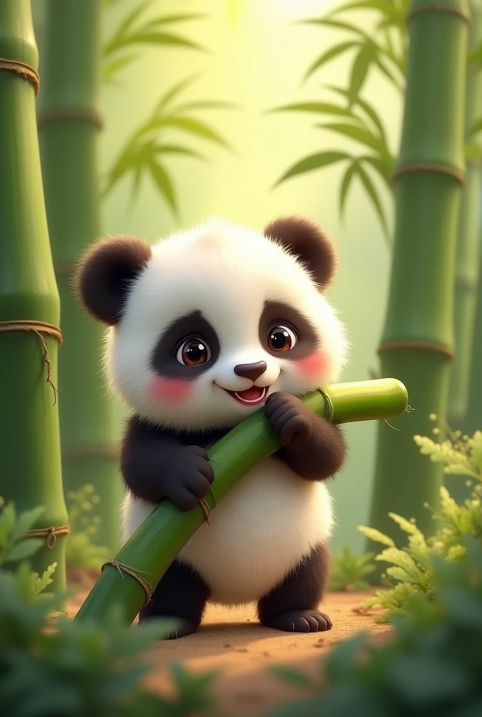 I need you to design me an animated image of a cute baby panda biting a bamboo branch