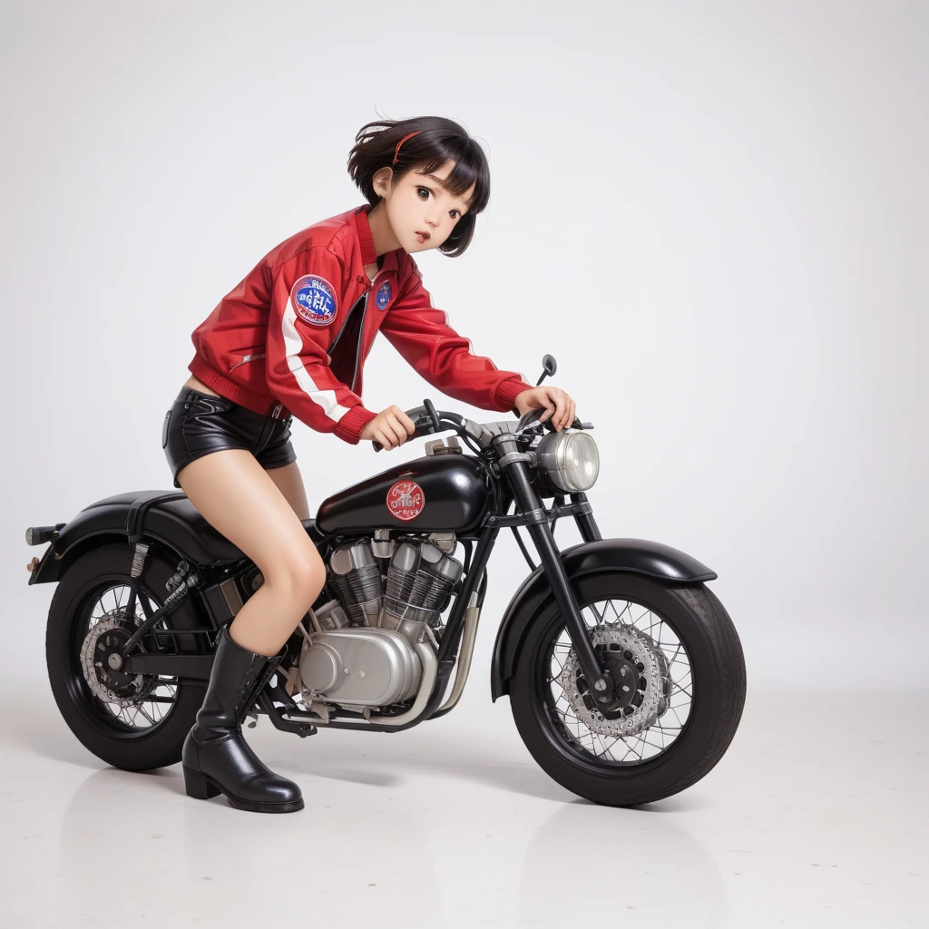 (磁器people形:1.2)、(陶磁器people形:1.2)、(Ride a classic motorcycle:1.2 )、(Vintage Bikes、Bluff Superior SS100)、美しい若い日本people女性、Beautiful Face, Black Hair, Short Bob Hair, Red classic leather jacket、leather shorts、boots、goggles、Take a photo of the entire bike、(people々々And the size balance of the motorcycle is our number one priority.:1.2)、Blur the background、((No background))、((White Background))、((Plain background))、((No logo))、(Highest quality、High resolution、masterpiece)、(3d)、4K、8k、wallpaper、