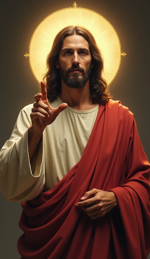 Image of Jesus Christ, medium distance, high quality, realistic. He is pointing his finger towards the camera as if he is speaking directly to me, round halo on head