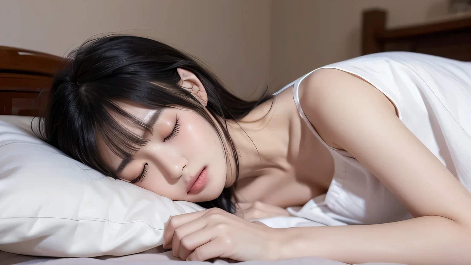 (Best quality: 1.2), RAW photos, high resolution, perfect details, professional photography, professional lighting, clear focus, very beautiful and lovely girl, Chinese girl, beautiful and delicate face and eyes, black hair, bangs, sleeping on white sheets, closing eyes, wearing pajamas, on the right side of the picture, accounting for one-third of the picture, dark light lines