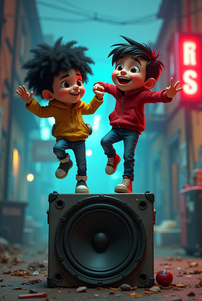 Two like the neighborhood gang from the cartoon jumping on a speaker, in a more trap tone
