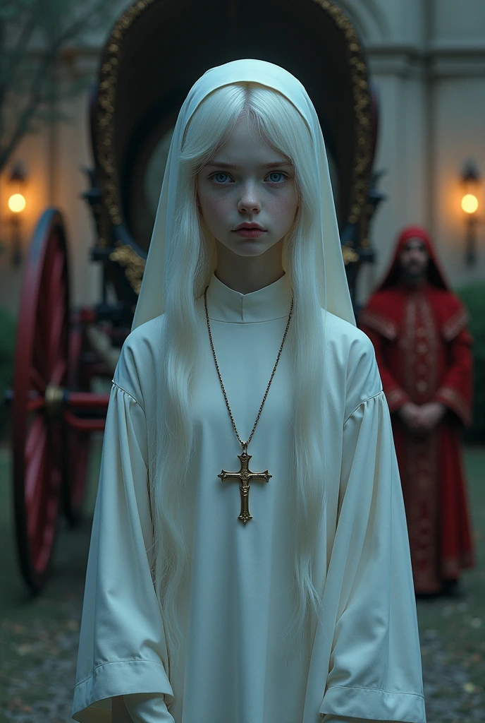 Young albino girl with long white hair, From the Middle Ages, realisitic, blue eyes white nun clothes, with a cross necklace in front of a carriage in a Villa at night with torches, with a red bishop behind details.