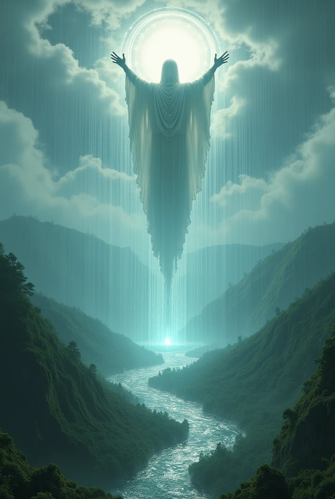 Create an image with a world and above the rain god throwing water towards the earth