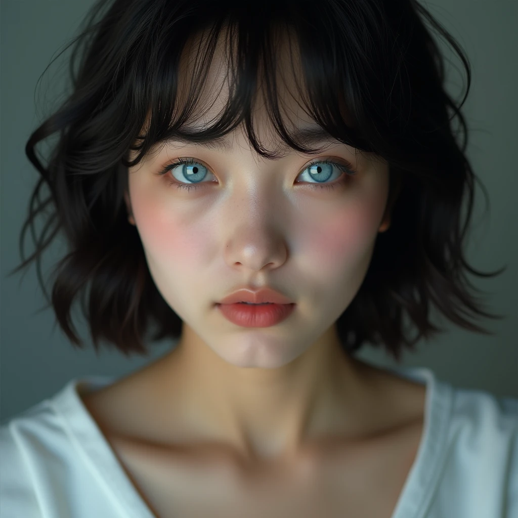 8k, portrait, appealing, intensely detailed, 20-year-old woman, sharp jawline, square shape face, zoomed portrait shot of face, blackquality hair, Beautiful sky-blue eyes with a heart inside, dressed in white, only upper body, high qualiy, High definition image will give you a shocking visual experience