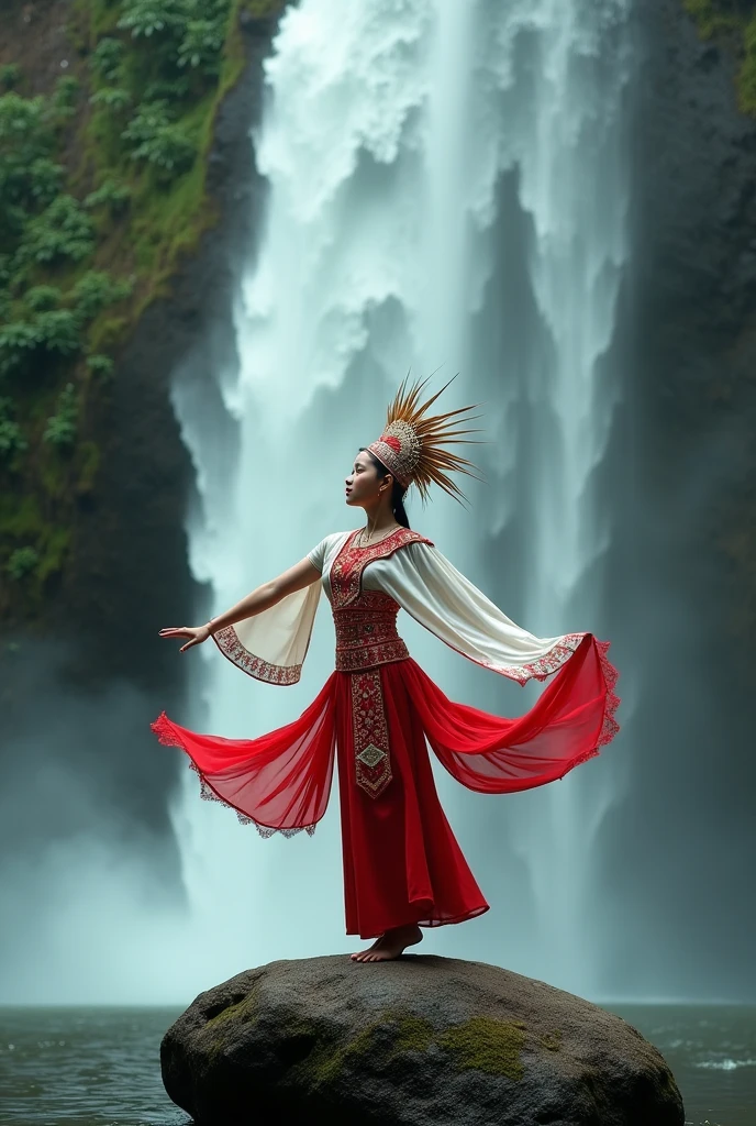 Photoshot of a beautiful woman wearing a red and white Dayak costume and wearing a mah kota with a burubg head and a long cloth on her shoulders.  Dancing on a big rock under a very beautiful waterfall. 
