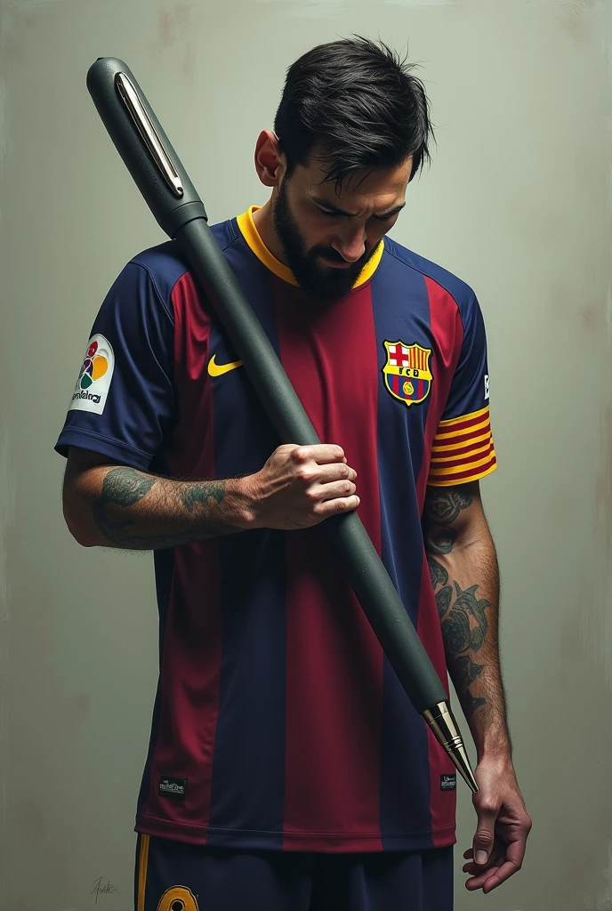 Messi is carrying a large pen crying