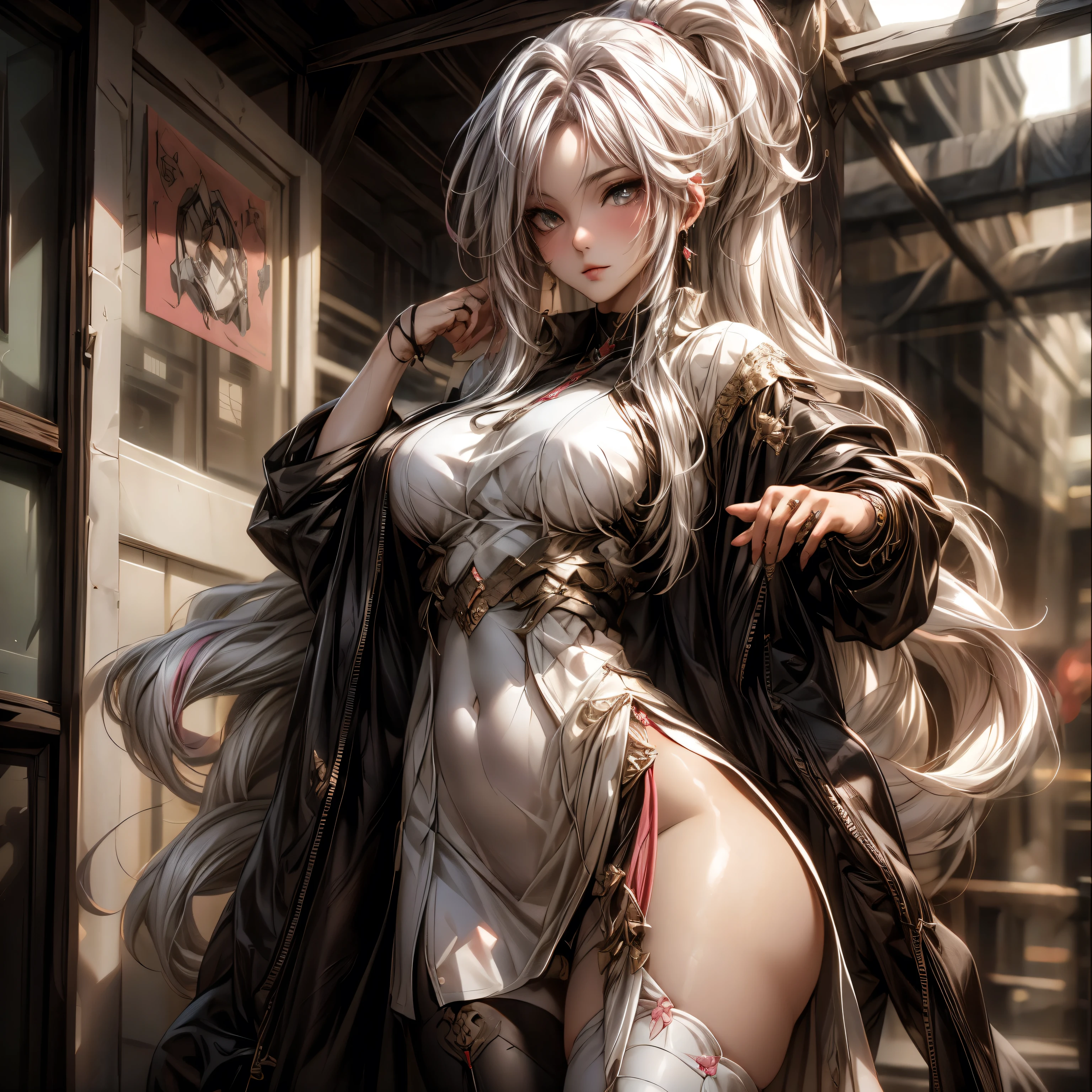 (best quality)), ((Masterpiece)), (details:1.4), 3d, HDR (high dynamic range), an image of a beautiful cyberpunk female, fantasy, medieval, Cyberpunk, Sleek style, pink hair, High ponytail, Beautiful White eyes, จมูกโด่ง, ปากแดง, หน้าอกใหญ่, nvidia RTX, PBR surface, After processing, Anisotropic filtration,depth of field, Maximum clarity and clarity, multi-layered surface, Subsurface scattering, perfect proportions, 8K raw files, ultra detailed, Perfect proportions, volumetric lighting, soft lighting, Holy Paldin, Heavy Golden Armor, White dress, intricate Silver embroidery, glossy skin, Bed room Background, jewely, ต่างหู, นิ้วมือสมบูณ์, mini white skirt,