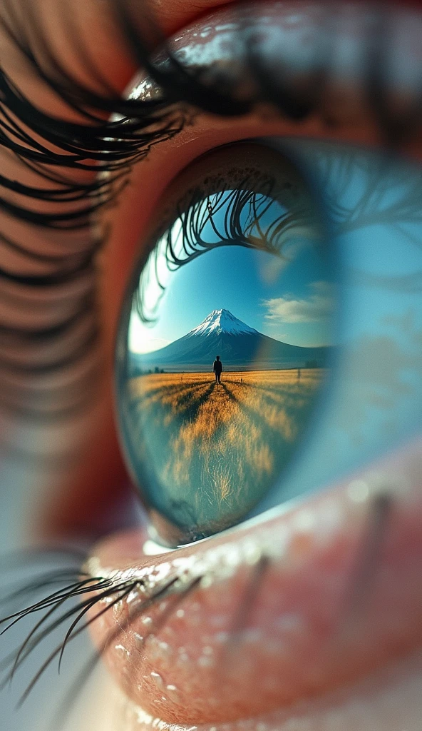 A surreal composition featuring a close-up of a human eye, where the iris reflects a serene landscape of a distant mountain under a blue sky. The eyelashes and skin are softly lit, blending seamlessly with the natural scene, creating an illusion of the landscape existing within the eye. The reflection captures a vast field leading up to the mountain, with a lone figure standing in the distance, adding depth and mystery to the image. The overall atmosphere is dreamlike and introspective, emphasizing the connection between the observer and the world within their gaze.