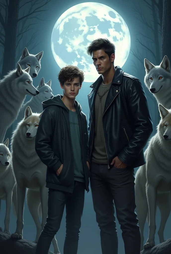 A teenage boy named Stiles with fair skin and brown hair wearing a hoodie and a taller man named Derek who is 2 and muscular who has tanned skin and black hair with serious features and wearing a black leather jacket., surrounded by 4 giant wolves, 1 Giant Fox and 1 Giant Hellhound Rise on Full Moon