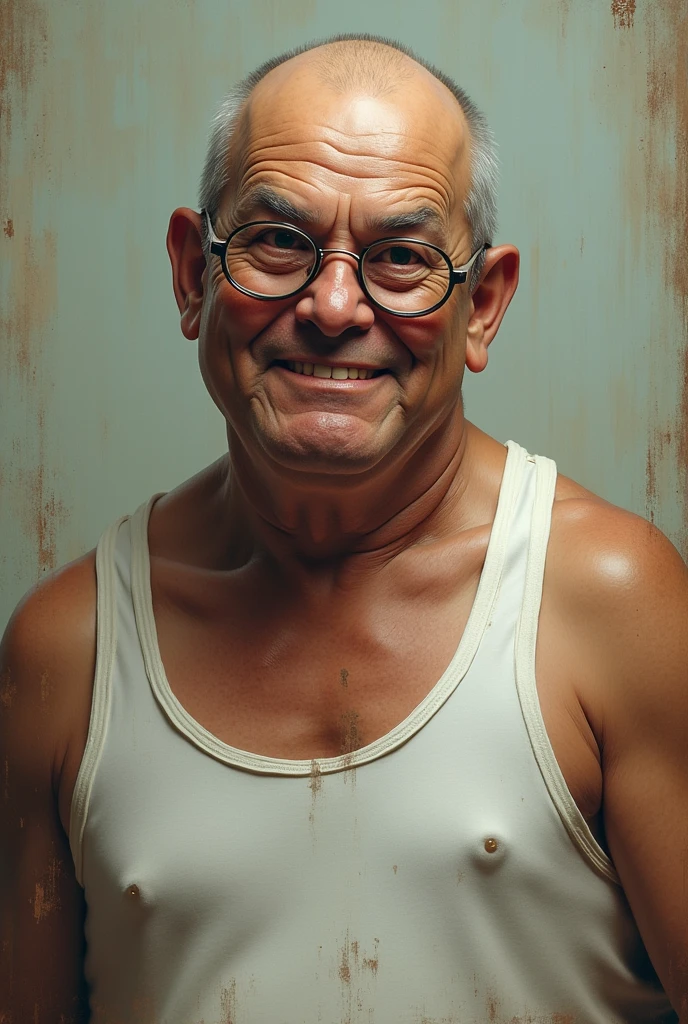 Asia, Thai Psychotic Uncle, White tank top, fat, smile, Wear glasses, glabrous